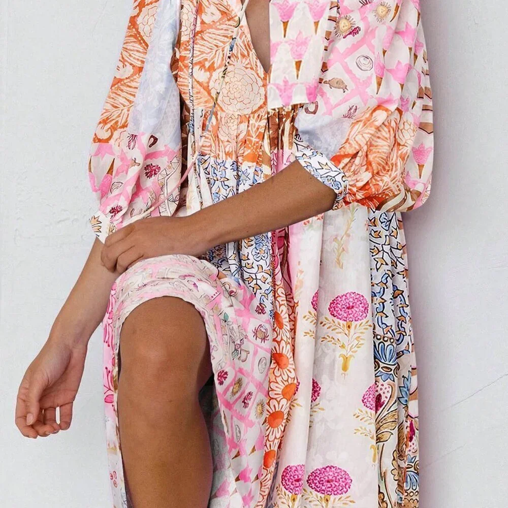 Multicolor Boho Women's Lantern Sleeve Maxi Dress V Neck Tie Patchwork Print - Picture 3 of 5
